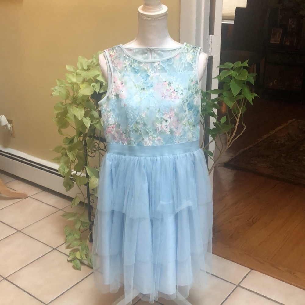 Marmelleta Girl’s Blue Floral Embroidered Special Occasion Dress Sz 14
